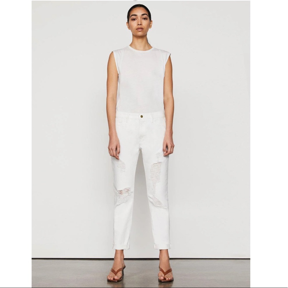 NWT FRAME DENIM Le Garcon White Distressed Straight Leg Jeans | 24, 25, 26, 27